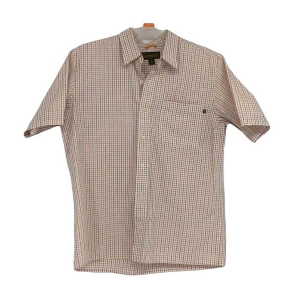 Timberland men’s orange collared plaid button down shirt sleeve shirt Large